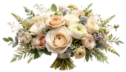 Close-up of a bouquet featuring roses and assorted greenery on black background