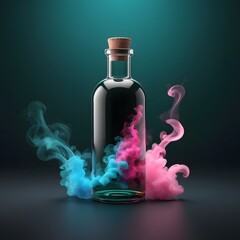 Mysterious Glass Bottle with Vibrant Blue and Pink Smoke Against a Dark Teal Background