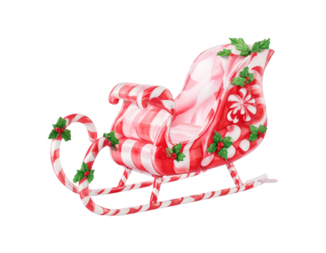 Festive Candy Cane Sleigh with Peppermint Runners, Isolated on Transparent Background