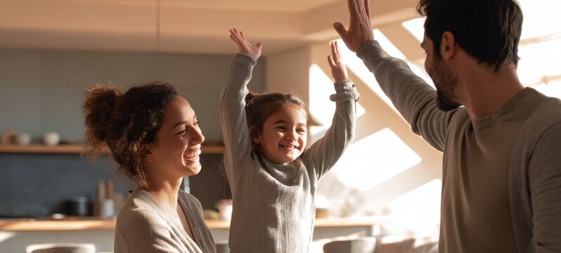The family shares a joyful high-five moment in a sunlit modern kitchen