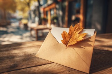 Autumnal Envelope With Dried Leaf On Wooden Table