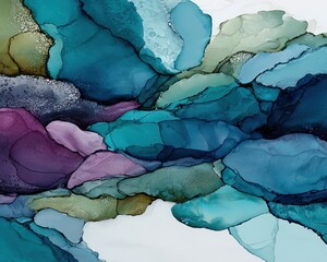 Abstract Fluid Ink Painting With Teal Purple Blue Green And Gold Colors