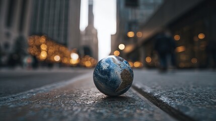 Tiny globe rests on gritty urban street, city lights blur into golden bokeh behind, symbolizing global connection