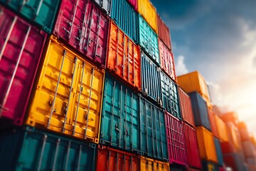 Row of colorful shipping containers stacked high in a busy port area under clear blue skies
