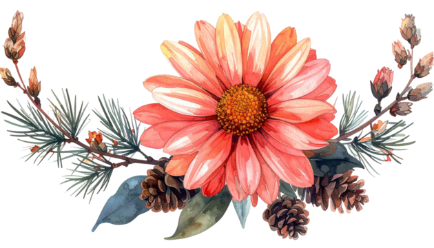 Watercolor flower and foliage crescent; isolated on black background