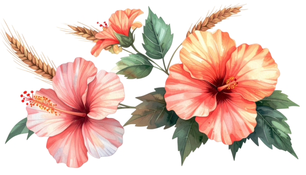 Watercolor floral arrangement with vibrant hibiscus blooms and wheat
