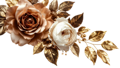 Close-up of roses with gold-leaf foliage on a transparent black background