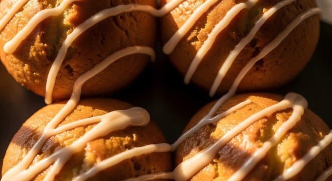  Decadent muffins featuring dual caramel and vanilla drizzle patterns creating elegant striped designs, showcasing premium baking artistry and gourmet flavor combinations ideal for upscale entertainin