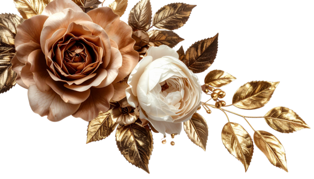 Close-up of roses with gold-leaf foliage on a transparent black background