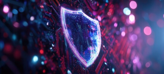 The Shield Icon Illuminated on a Futuristic Circuit Board Representing Cybersecurity and Digital Protection