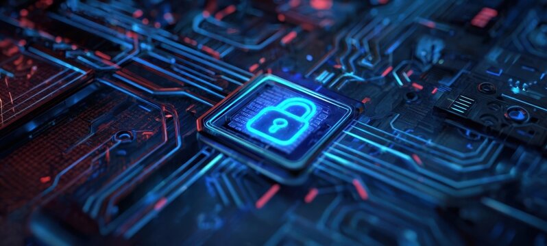 The Neon Padlock on a Futuristic Circuit Board Representing Digital Security and Protection - Powered by Adobe