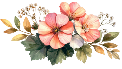 Watercolor floral arrangement with peach blossoms and green leaves