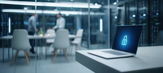 The laptop with glowing lock icon protecting sensitive data in a modern server room meeting