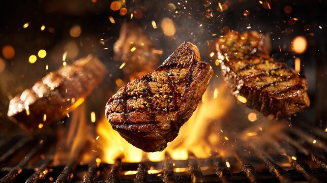Juicy, perfectly grilled steaks sizzle with fiery flames and sparks, creating an irresistible culinary masterpiece.