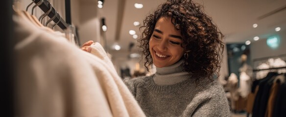 The woman shopping for a cozy winter sweater in a stylish boutique showroom
