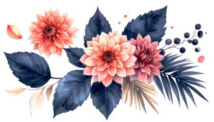 Watercolor floral arrangement with dahlias, leaves, and berries on black