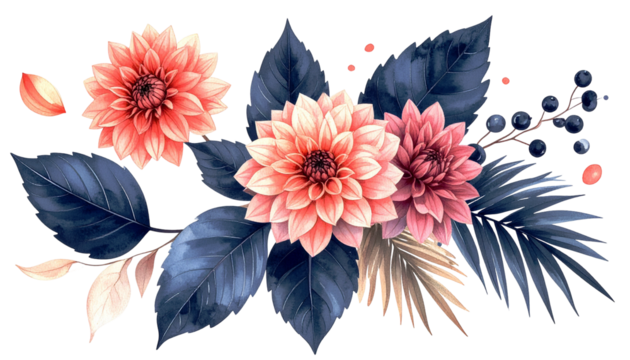 Watercolor floral arrangement with dahlias, leaves, and berries on black