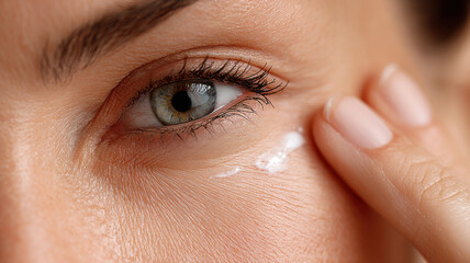 Naklejka premium A close-up view of a person applying eye cream around the eye. Demonstrating skincare and cosmetic routine.