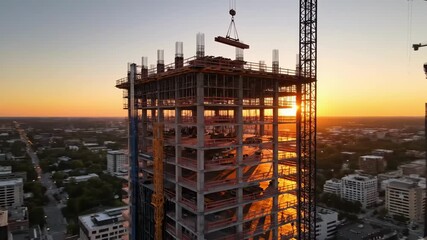 Construction of a high-rise building at sunset, with a crane lifting materials to the upper floors. - Powered by Adobe