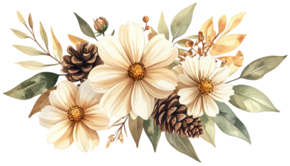 Watercolor arrangement features ivory flowers, pinecones, and autumn foliage