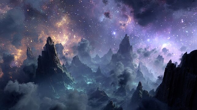 Alien Cityscape Mountains At Night Under Starry Sky