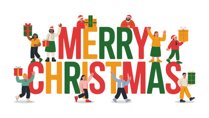 Joyful Gathering: A festive display of Merry Christmas adorned by a vibrant group, exchanging gifts. An inspiring image showcasing the joy of Christmas, highlighting community, and unity.