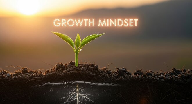 Growth mindset motivational plant sprout emerging from soil under sunrise light inspirational success quote positive thinking self improvement mindset training visual