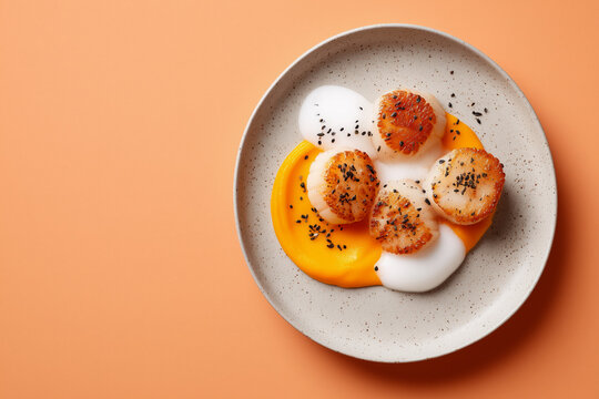 Gourmet seared scallops elegantly plated with vibrant pumpkin puree and delicate foam, a culinary masterpiece for fine dining promotions and food blogs.