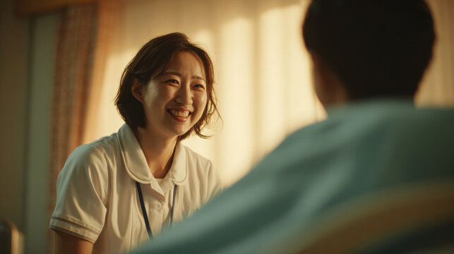 Nurse offering emotional support to an elderly patient in a calm room