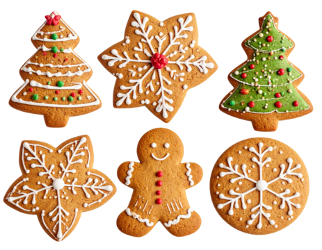 Festive Christmas Gingerbread Cookies Set with Icing Decorations, Isolated on White T
