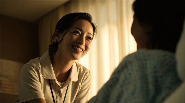 Nurse offering emotional support to an elderly patient in a calm room - Powered by Adobe