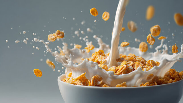 A bowl of cereal being poured with milk creating a splash