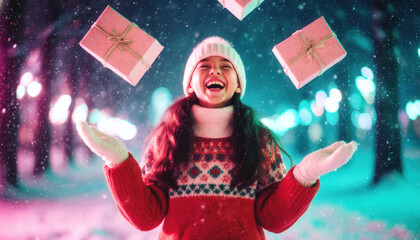 A girl in winter clothes laughing joyfully while tossing gift boxes in the air, neon bokeh lights background, cinematic festive energy. Christmastime shopping concept.