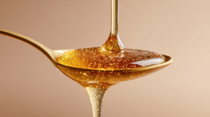 Close-up shot of golden honey flowing from a spoon