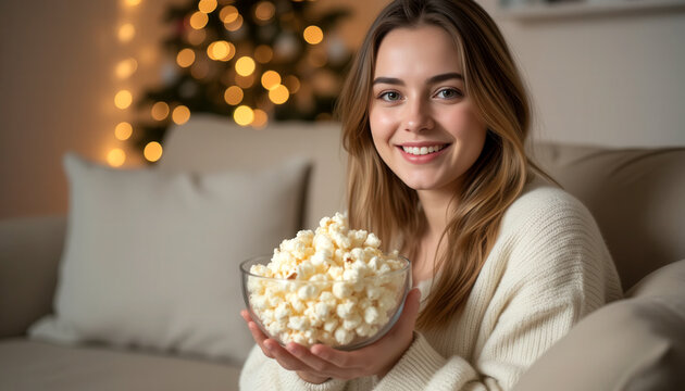 A young woman in soft cream sweater, holding a glass bowl of popcorn while sitting on beige sofa, blurred fairy bokeh lights in background. Perfect for seasonal campaign visuals. Copy space. - Powered by Adobe