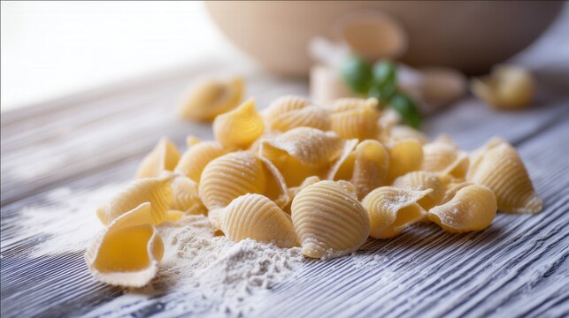 Raw pasta shells with flour on rustic wooden table. Generative AI