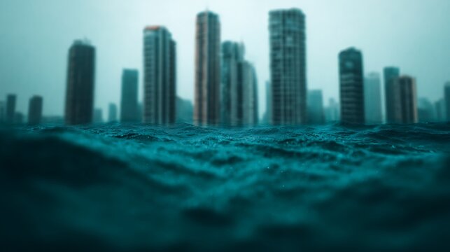 A moody image showing skyscrapers partially submerged in water, emphasizing the contrast between urban architecture and the ocean's depths.