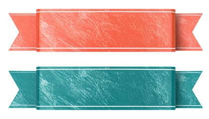 Two textured ribbons in coral and teal with white trim, set against black