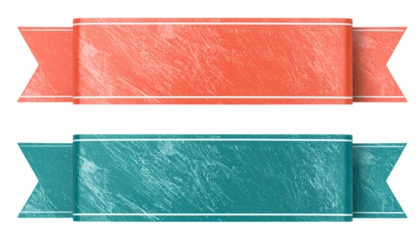 Two textured ribbons in coral and teal with white trim, set against black