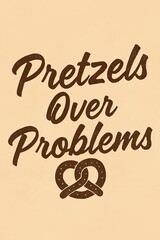 Delicious 'Pretzels Over Problems' design, a vintage-style graphic with a hand-drawn pretzel icon. Rustic brown script on a warm beige. A comforting reminder to choose joy and snacks over li