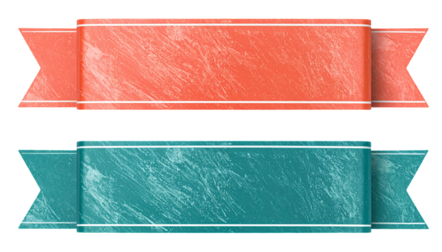 Two textured ribbons in coral and teal with white trim, set against black