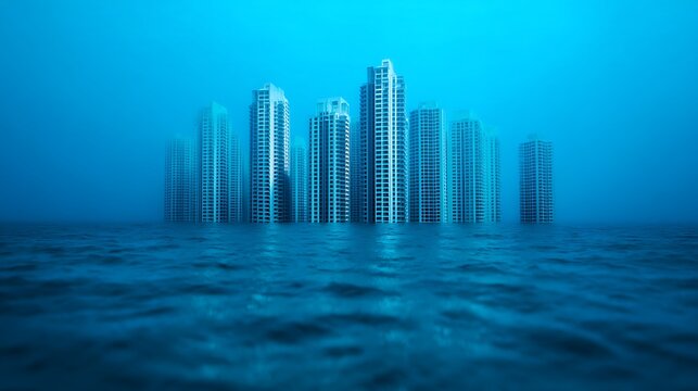 A surreal cityscape partially submerged in water, featuring tall skyscrapers surrounded by a deep blue ocean atmosphere.