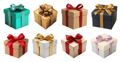 PNG Colorful gift boxes with ribbons, element set on transparent background