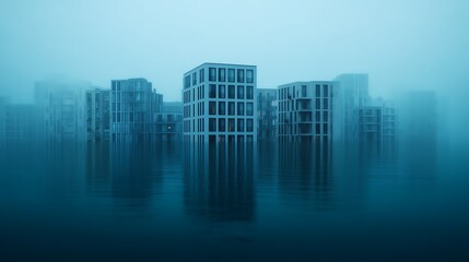 A misty urban landscape featuring modern buildings partially submerged in calm, reflective water, creating a serene, ethereal atmosphere.