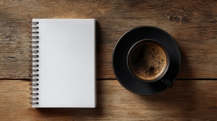 Blank notebook coffee cup rustic wood table