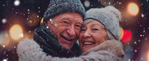 The senior couple embracing joyfully in snowy winter evening with cozy knitwear and lights