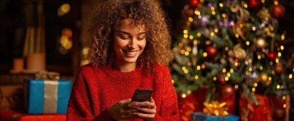 The Woman in a Red Sweater Smiling at Her Smartphone by a Christmas Tree