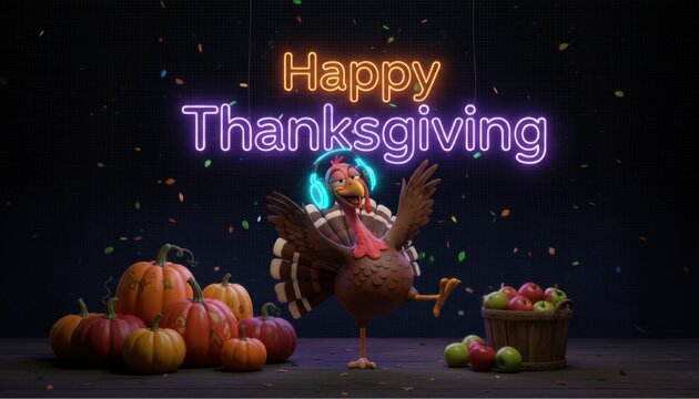 A humorous turkey dancing with headphones during a thanksgiving celebration with neon festive lighting