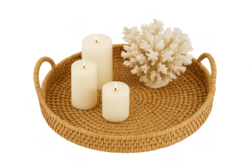 Wicker tray with three lit candles and coral