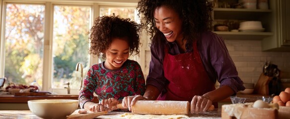 The mother and daughter baking together in a sunlit cozy home kitchen